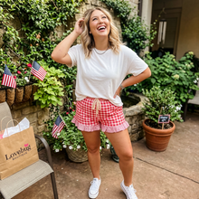Load image into Gallery viewer, Gingham Print Ruffle Striped Detail Lace Tie Shorts