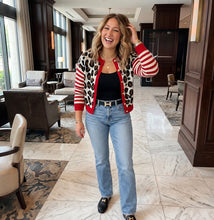 Load image into Gallery viewer, Leopard Print Striped Sleeves Round Neck Button Cropped Cardigan