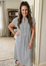 Load image into Gallery viewer, Stripe Frilled Detail Half Buttons Short Sleeve Long Dress