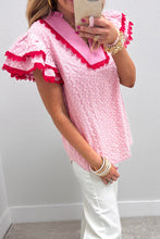 Load image into Gallery viewer, Eyelet Embroidered Flower Texture Contrast Lace Trim Flutter Sleeve Blouse