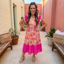 Load image into Gallery viewer, Floral Print Color Block Ruffled Short Sleeve Flared Midi Dress