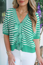 Load image into Gallery viewer, Stripe Short Sleeve Knit V Neck Bow Knot Sweater