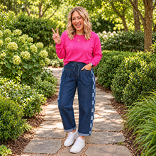 Load image into Gallery viewer, Checkered Side Panel Patchwork Drawstring Loose Denim Pants