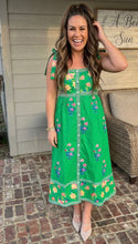 Load image into Gallery viewer, Green Floral Print Contrast Trim Knotted Straps Midi Dress