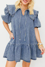 Load image into Gallery viewer, Ruffled Collared Side Pockets Puff Sleeve Denim Mini Dress