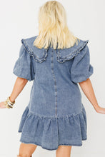 Load image into Gallery viewer, Ruffled Collared Side Pockets Puff Sleeve Denim Mini Dress