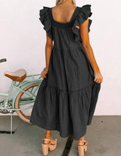 Load image into Gallery viewer, Black Ruffled Flutter Sleeve Square Neck Textured Tiered Maxi Dress
