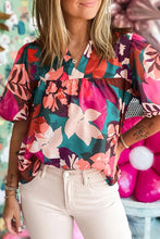 Load image into Gallery viewer, Floral Print Puff Sleeve Notched V Neck Blouse