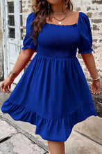 Load image into Gallery viewer, Blue Shirred Ruffled Square Neck Plus Size Mini Dress