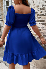 Load image into Gallery viewer, Blue Shirred Ruffled Square Neck Plus Size Mini Dress