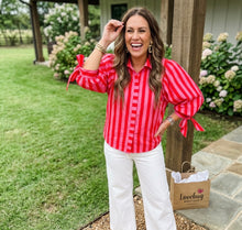 Load image into Gallery viewer, Stripe Tie Puff Sleeve Womens Button Down Shirt