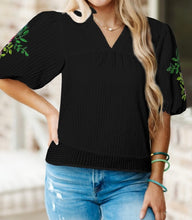Load image into Gallery viewer, Floral Embroidered Puff Sleeve Notched Neck Blouse