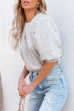 Load image into Gallery viewer, Rhinestone Pearl Puff Half Sleeve Top