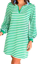 Load image into Gallery viewer, Striped Contrast Collar Split Neck Long Sleeve Mini Dress