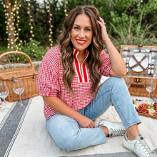 Load image into Gallery viewer, Plaid Short Sleeve Colorblock Trim Split Neck Blouse
