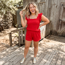 Load image into Gallery viewer, Textured Square Neck Top and Shirred High Waist Shorts Set