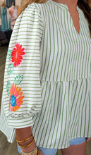 Load image into Gallery viewer, Stripe Flower Puff Sleeve Notched V Neck Babydoll Blouse