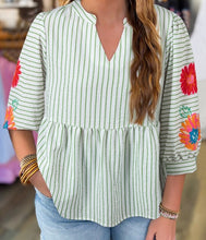 Load image into Gallery viewer, Stripe Flower Puff Sleeve Notched V Neck Babydoll Blouse