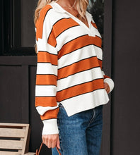 Load image into Gallery viewer, Stripe Ribbed Polo Collar Drop Shoulder Sweater