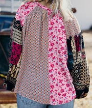 Load image into Gallery viewer, Boho Mixed Floral Drop Shoulder Bubble Sleeve Blouse