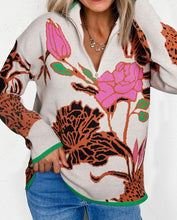 Load image into Gallery viewer, Floral Pattern Knit Quarter Zip Stand Neck Sweater