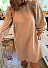 Load image into Gallery viewer, Puff Sleeve Braided Trim Round Neck Loose T Shirt Dress