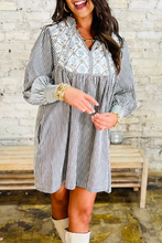 Load image into Gallery viewer, Stripe Floral Patchwork Tied V Neck Shift Long Sleeve Mini Dress