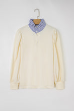 Load image into Gallery viewer, Button Striped Collar Patchwork Puff Sleeve Sweatshirt