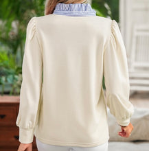 Load image into Gallery viewer, Button Striped Collar Patchwork Puff Sleeve Sweatshirt