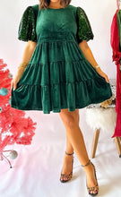 Load image into Gallery viewer, Evergreen Sequin Puff Sleeve High Waist Tiered Velvet Mini Dress