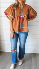 Load image into Gallery viewer, Colorful Trim Wide Short Sleeve V Neck Blouse
