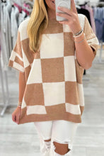 Load image into Gallery viewer, Checkered Pattern Loose Drop Shoulder Half Sleeve Sweater