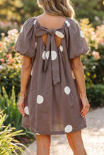 Load image into Gallery viewer, Brown Polka Dot Print Knot Back Short Puff Sleeve Loose Mini Dress