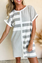 Load image into Gallery viewer, Stripe Mixed Printed Short Sleeve Shift Mini T Shirt Dress