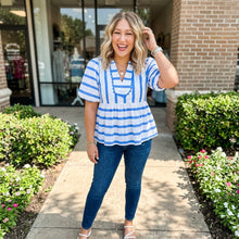 Load image into Gallery viewer, Stripe Split V Neck Puff Sleeve Summer Blouse