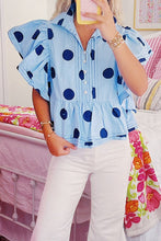 Load image into Gallery viewer, Polka Dot Print Ruffled Short Sleeve Buttoned Collared Blouse
