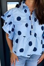 Load image into Gallery viewer, Polka Dot Print Ruffled Short Sleeve Buttoned Collared Blouse