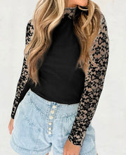 Load image into Gallery viewer, Lace Patchwork Long Sleeve High Neck Slim Top