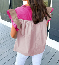 Load image into Gallery viewer, Colorblock Ruffled Sleeve Frill V Neck Blouse