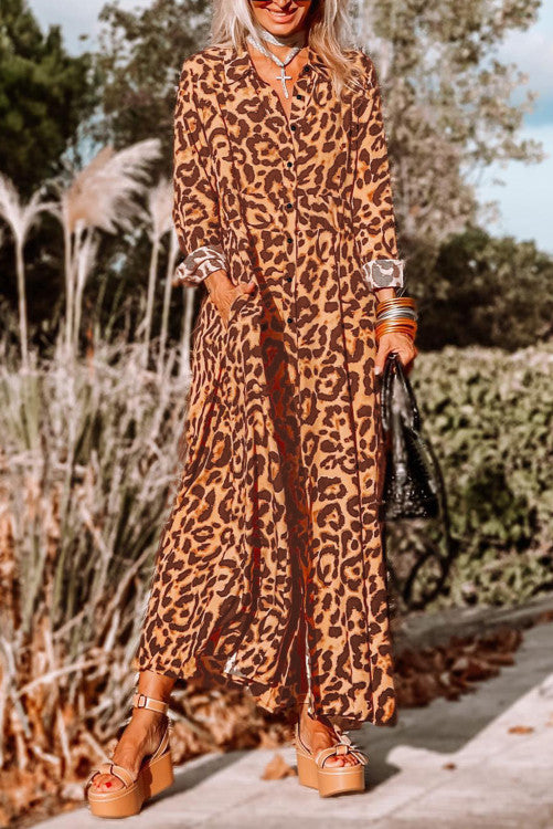 leopard maxi shirt dress Leopard Button-Up Long Sleeve Maxi Dress – Lovebug Boutique