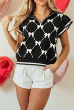 Load image into Gallery viewer, Preppy Vibes Bow Print Zipped Collar Sweater Tee