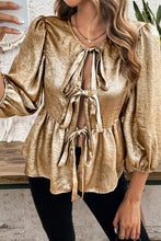 Load image into Gallery viewer, Gold Tie Front Puff 3/4 Sleeve Ruffle Hem Blouse
