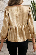 Load image into Gallery viewer, Gold Tie Front Puff 3/4 Sleeve Ruffle Hem Blouse