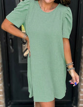 Load image into Gallery viewer, Corded Knit Crew Neck Puff Sleeve Shift Mini Dress