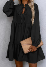 Load image into Gallery viewer, Tie Split Neck Smocked Detail Long Puff Sleeve Ruffle Hem Loose Dress