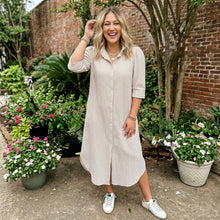 Load image into Gallery viewer, Stripe Frilled Collar Half Sleeve Shirt Maxi Dress
