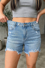 Load image into Gallery viewer, Asymmetric Raw Hem Distressed Denim Shorts
