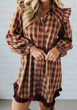 Load image into Gallery viewer, Plaid Print Ruffled Long Sleeve Patchwork Hem Mini Shirt Dress