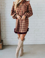 Load image into Gallery viewer, Plaid Print Ruffled Long Sleeve Patchwork Hem Mini Shirt Dress