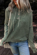 Load image into Gallery viewer, Mineral Wash Ribbed Knit Button Drawstring Neck Hooded Sweater